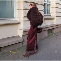 Retro Burgundy Tassels  Faux Fur Long Sleeves Short Coat Elegant Loose Turn-down Collar Jacket 2024 New Woman High Street Coats