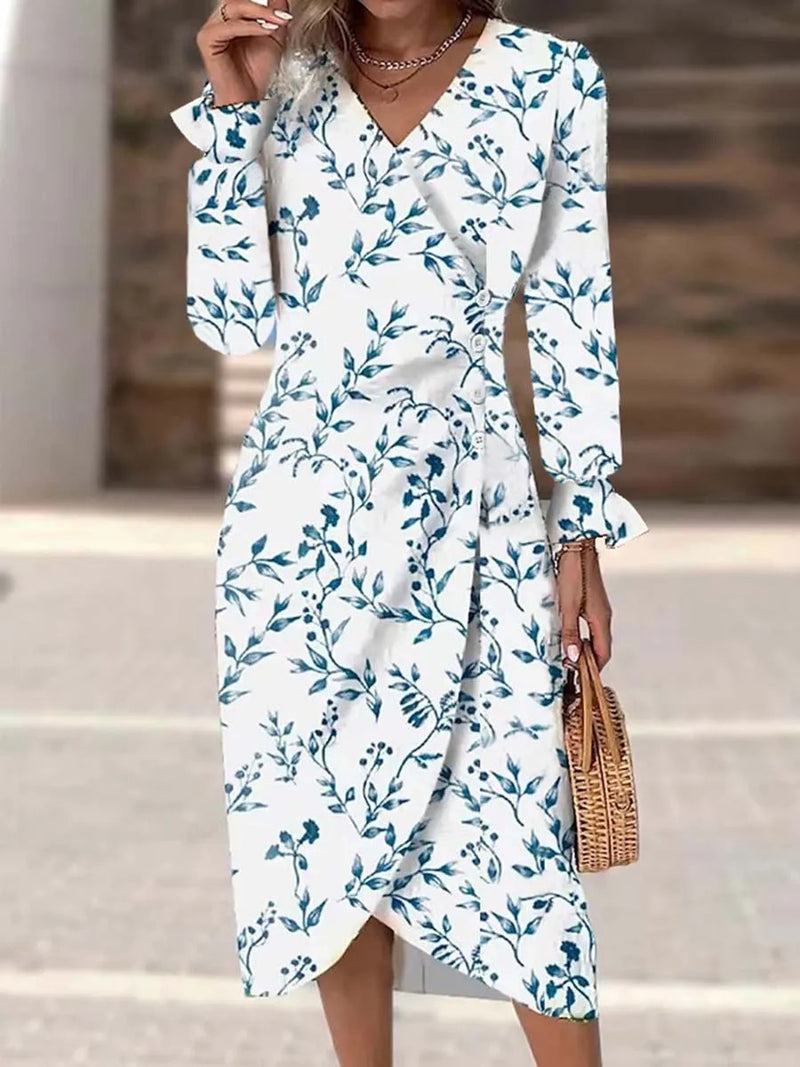 Spring Floral Bodycon Midi Dress For Women V Neck Long Sleeve Ruched Slim Fit Dresses Female Sexy Vestido Robe