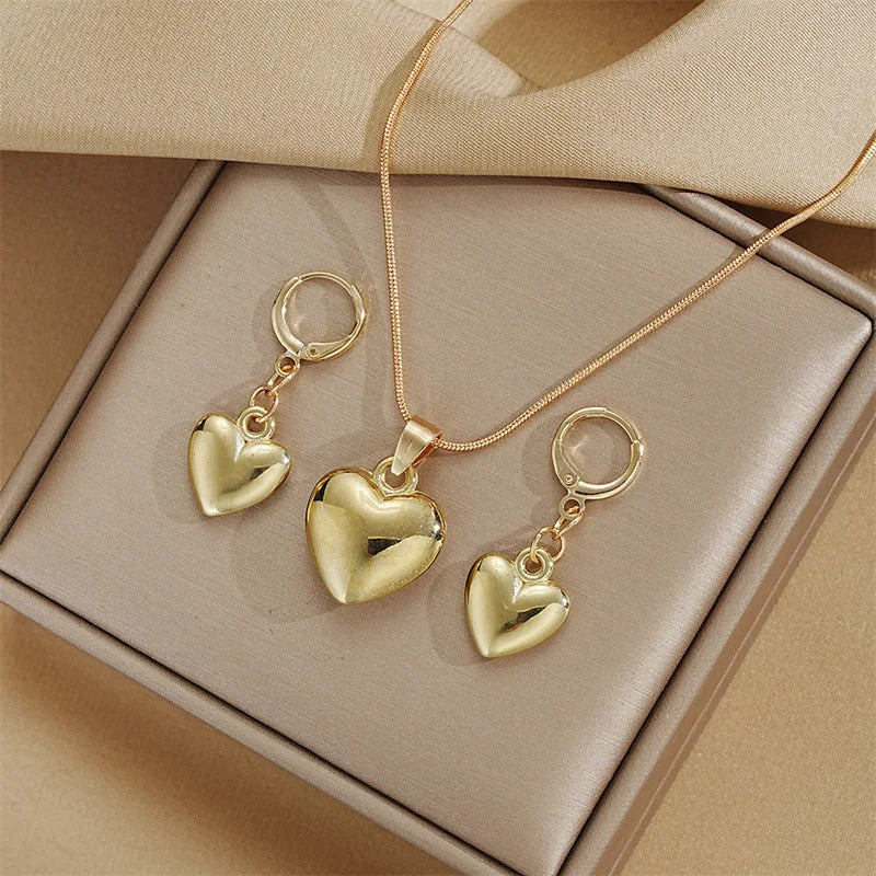 Glossy Gold Plated Metal Love Heart Dangle Earrings Necklace Jewelry Set for Women Simple Dainty Daily Wear Outfit Accessories