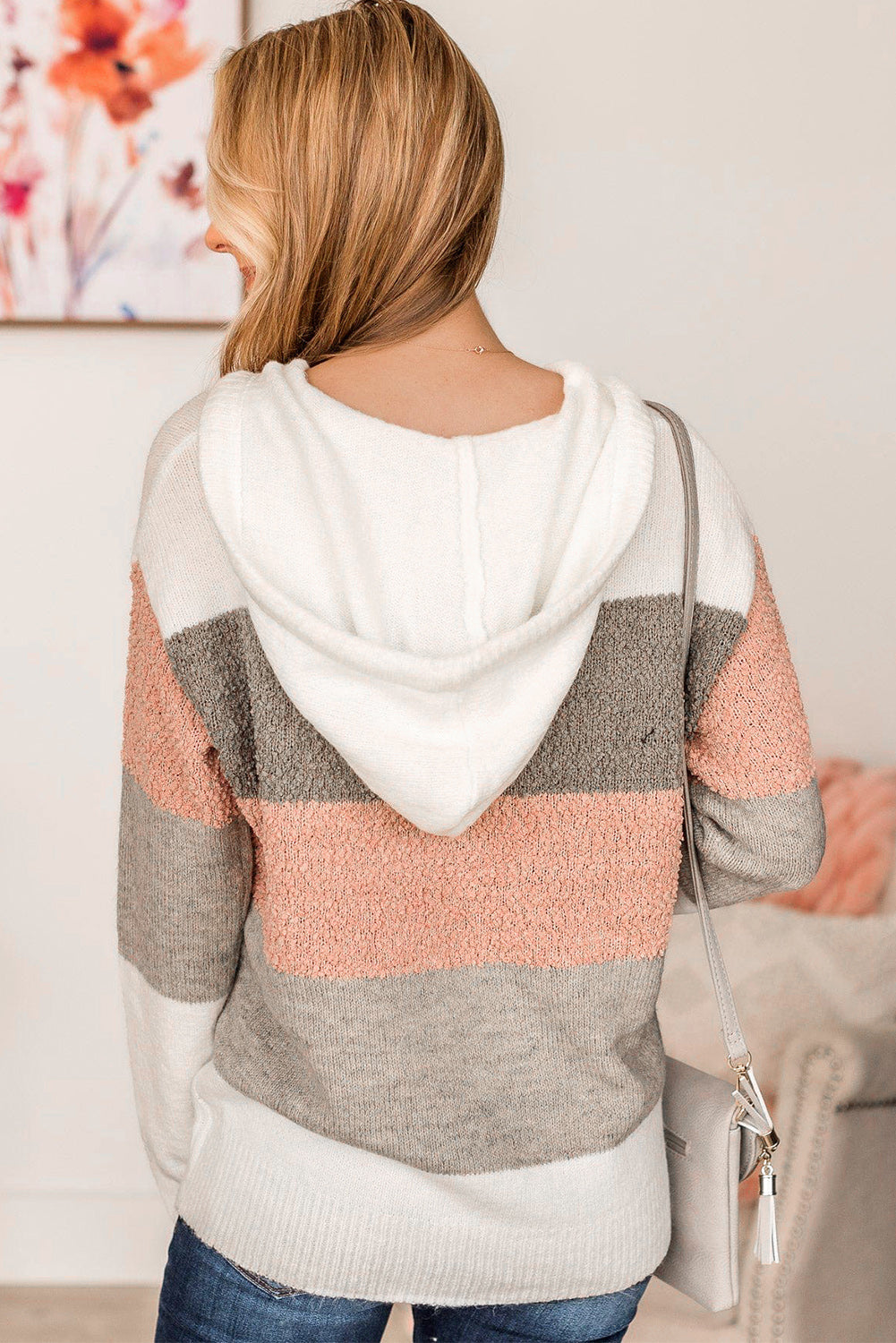 Pink Color Block Knitted Drawstring Hooded Sweater