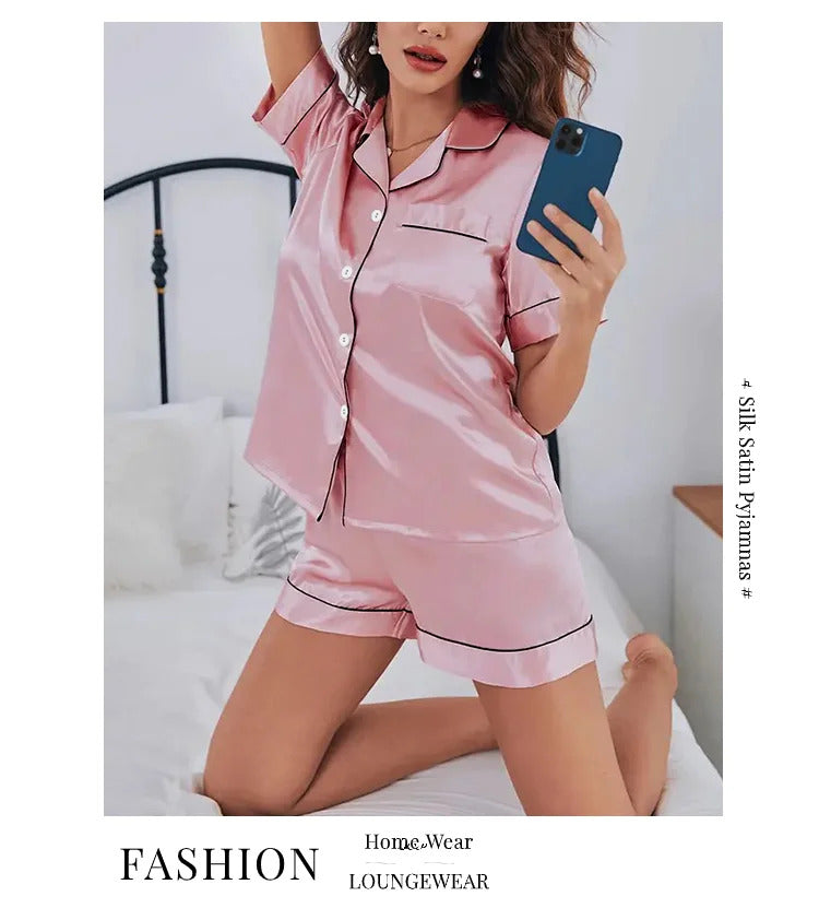 Women's Pajamas Set Satin Sleepwear Button Down Tops and Shorts Pajama 2 Piece Suit Pyjama Femme Nightwear Loungewear for Summer