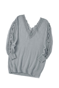 Gray Lace Splicing V Neck Pullover Sweater