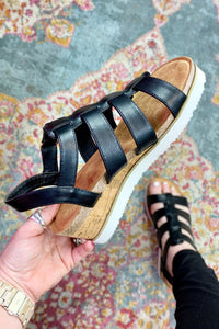 Black Hollowed PU Leather Straps Wedge Sandals