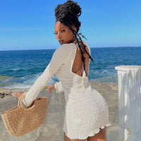 wsevypo Backless Bandage White Beach Dress 2022 New Holiday Casual Streetwear Women Long Sleeve O-Neck Wrap Short Dresses