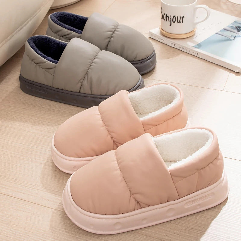 Feslishoet Men Winter Cotton Slippers Waterproof Anti Slip Thick Bottom Shoes Couple Home Use Plush Cotton Slippers Women