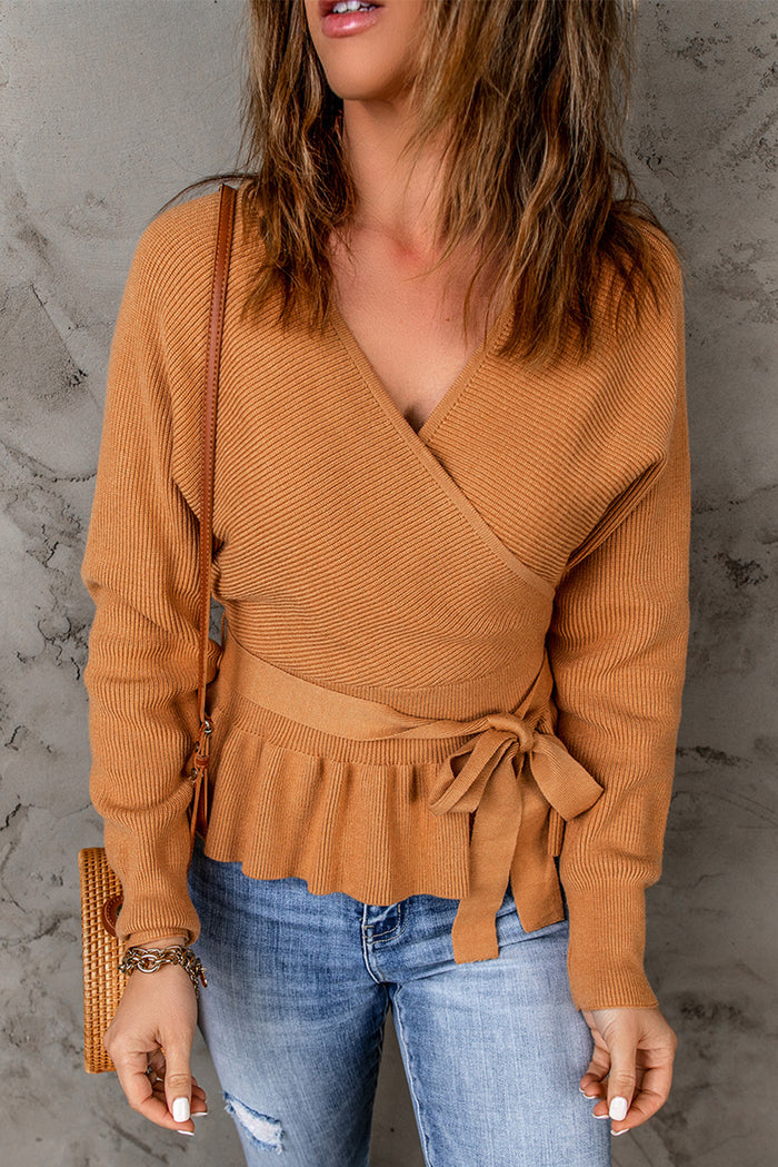 Brown Rib Knit Surplice Neck Belted Peplum Sweater