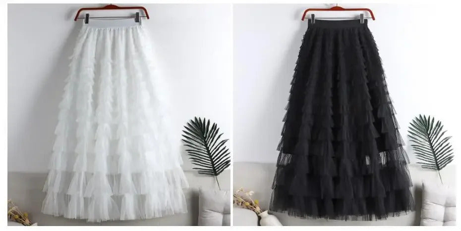 Medium-length Wire Mesh Spliced Cake Skirt 2023 Spring Summer Autumn/winter New Style A- line Long Dress Puffy Dress