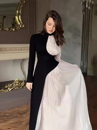 Fashion Contrasting Patchwork Mesh Maxi Dress Elegant Half High Collar Slim Waistband Long Sleeve Robe Lady Street Party Dresses