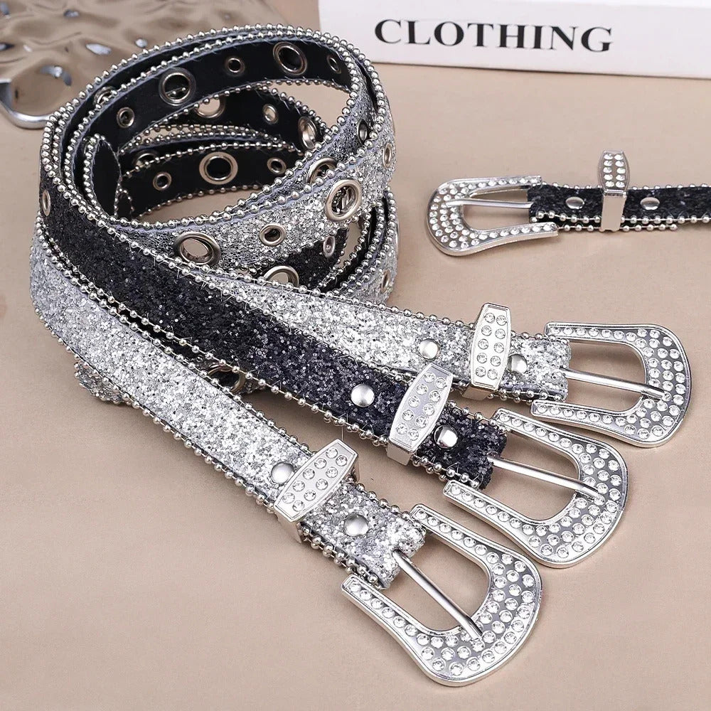 Y2K Women Fashion Solid Print Studded Full Rhinestone Belt PU Leather Bling Crystal Adjustable Glitter Waistband for Club Party