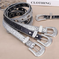 Y2K Women Fashion Solid Print Studded Full Rhinestone Belt PU Leather Bling Crystal Adjustable Glitter Waistband for Club Party