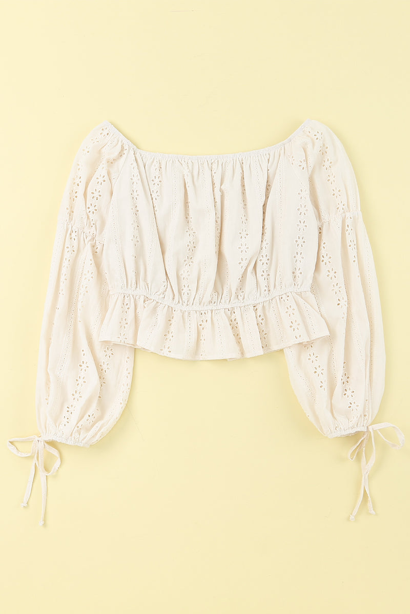 Apricot Off The Shoulder Eyelet Crop Top