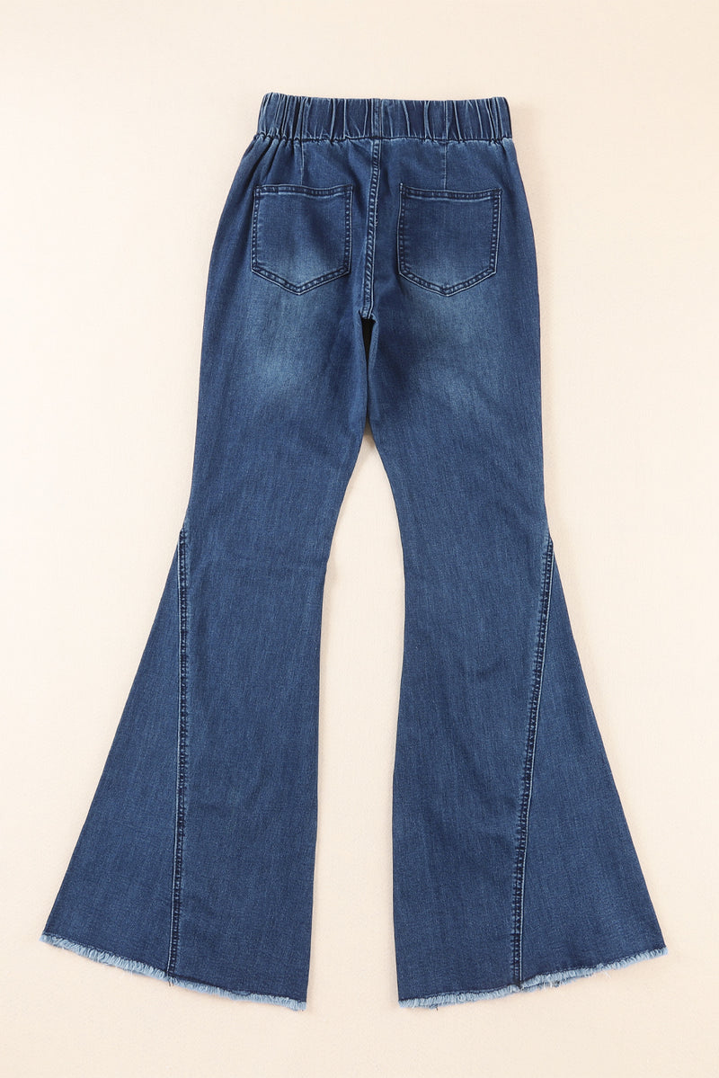 Blue Laser Burn Distressed Raw Hem Bell Bottom Jeans