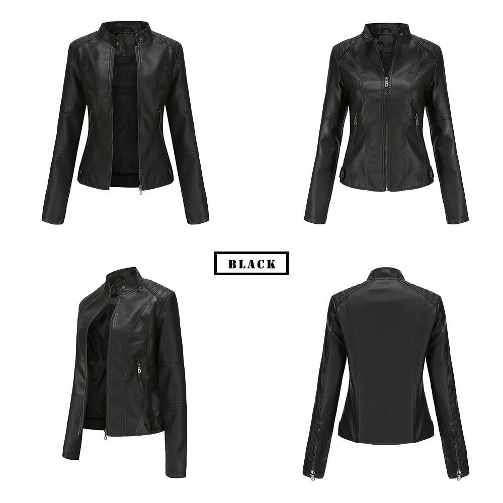 Spring / Autumn New Style Gules Leather Jacket Women's Fashionable Trim Motorcycle Women Coat Black Purple Brown S-4XL