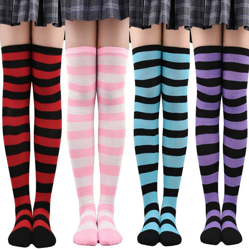 Color Striped Stockings Japanese Over Knee Socks Fashion Women Keep Warm Soks Sexy Slim Long Soks Black White Striped Hosiery