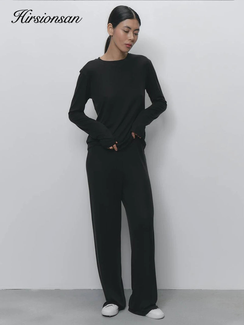 Hirsionsan 2024 Modal Soft Loose Sets Women 2024 Casual Two Pieces Long Sleeve T Shirts and High Waist Dresses Outfits Tracksuit