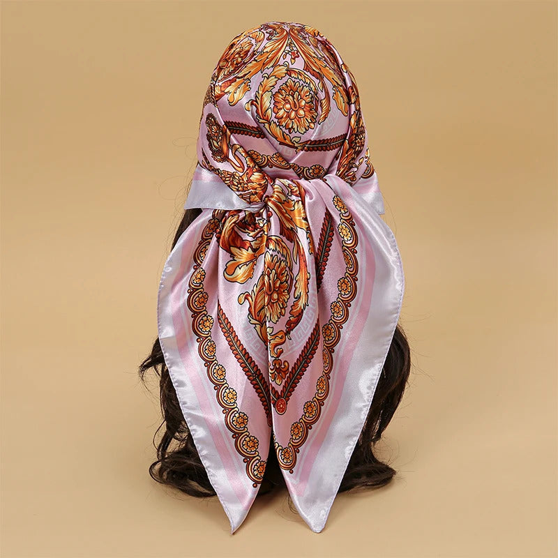 Satin Square Scarf Women Muslim Hijab Elegant 2023 Print Silk Neckerchief Shawl Wraps Headband Handle Hair Accessories Bandana