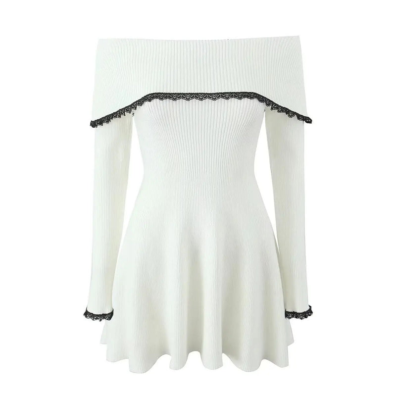 Tossy Knit Off-Shoulder Sweater Mini Dress Women's Lace Patchwork Ribbed Slim Backless Elegant Party Dress Knitwear Mini Dress