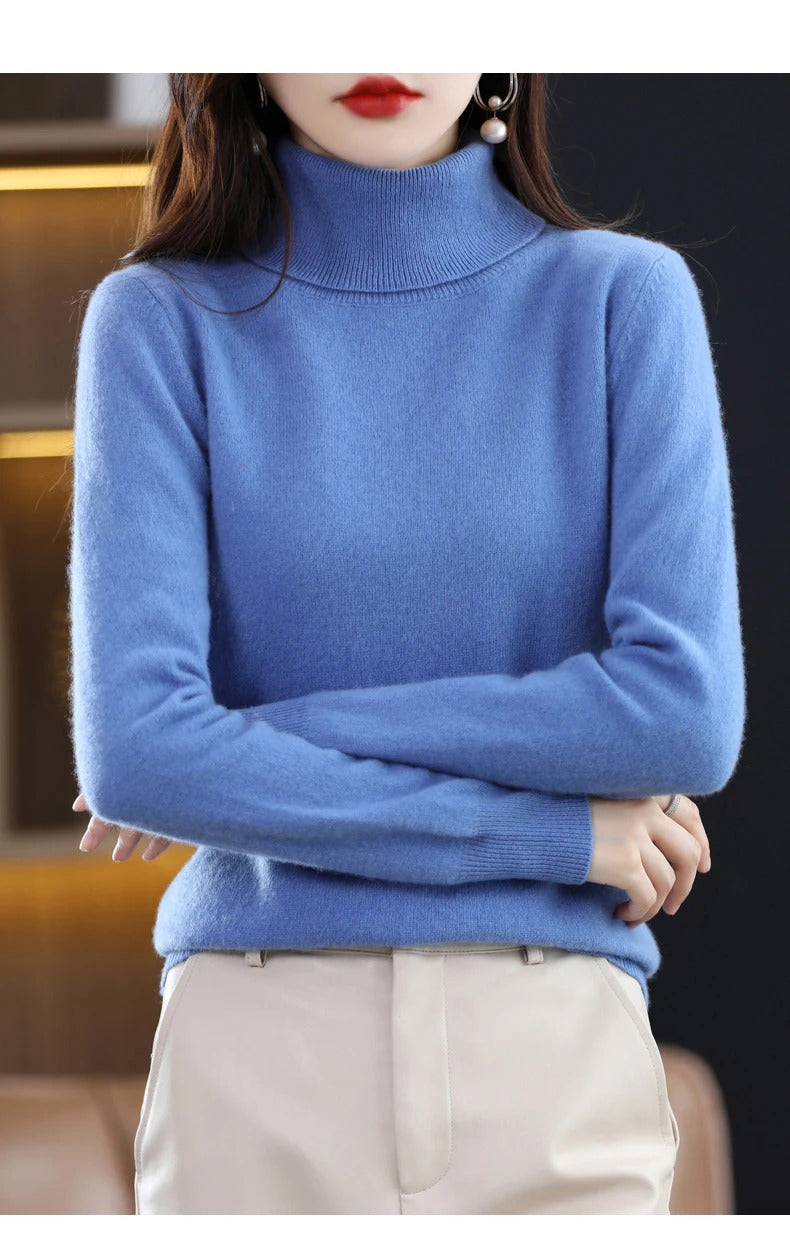 100% Merino Wool Cashmere Sweater Women Knitted Sweater Turtleneck Long Sleeve Pullovers Autumn Winter Clothing Warm Jumper Tops