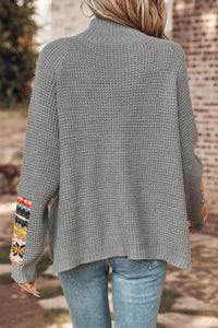 Gray Tribal Patch Raglan Sleeve High Neck Sweater