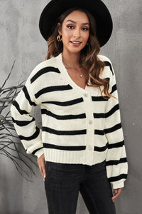 Striped V-Neck Buttoned Open Front Knitted Sweater