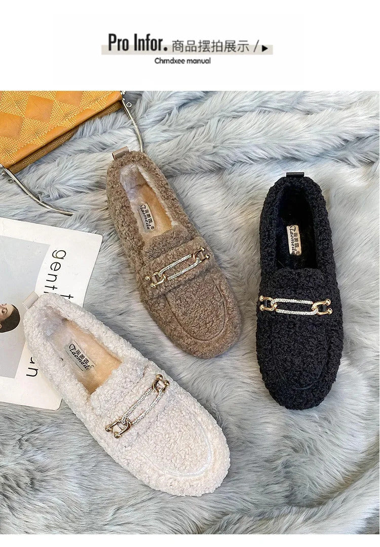 Luxury Sheep Fur Lined Loafers Women Lambswool Shoes Ladies Winter Slip On Furry Flats Cotton Wool Mocasine Femme Barefoot Boots