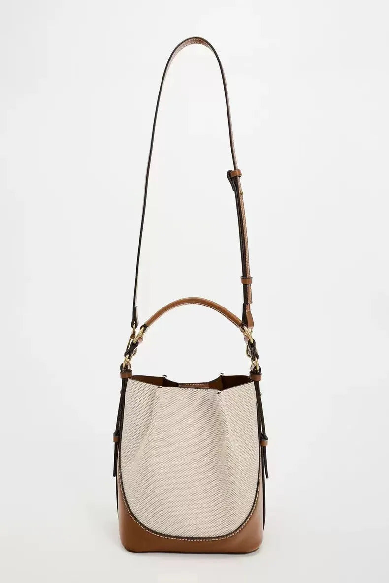 Women's Bag 2024 New Fashion Brown Drawstring Portable Crossbody Wide Shoulder Strap Drawstring Bucket Bag for Women