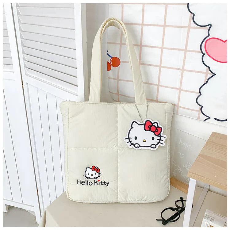 2024 New Sanrio Handbag Cartoon Cute Down Fabric Kuromi Tote Bag Shoulder Pacha Dog Cute Stationery Bag Large Capacity Handbag