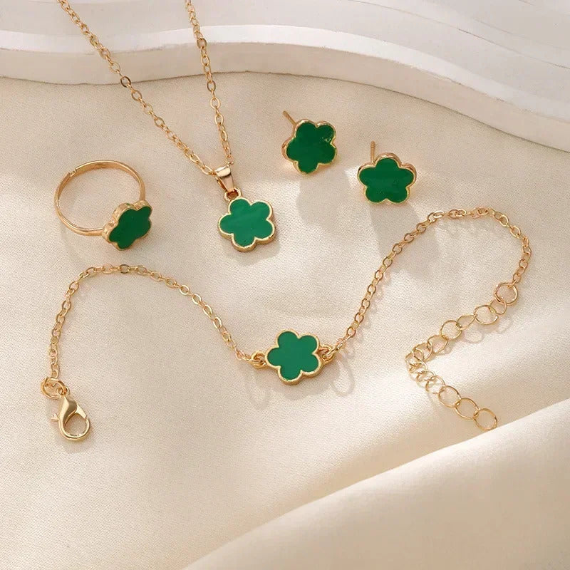 Lucky Five-petal Flower Clover Earrings Necklace Ring Bracelet Four-piece set for Woman Fashionable Accessories Party Jewelry