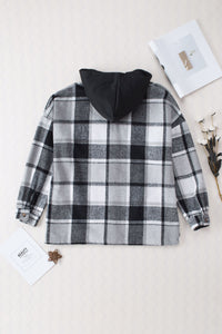 Gray Hooded Plaid Button Front Shacket