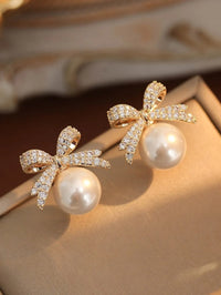 2 Women's Silver Needle Bow Studded With Diamond Pearl Earrings, Fashionable And Niche Design, High-end And Refreshing Earrings