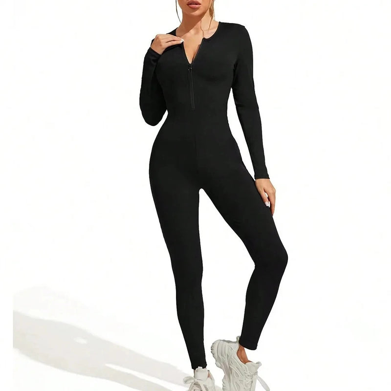 Fall new hot sale sexy bodysuit for women solid color ribbed long sleeve zipper bodycon sporty clothing rompers women's jumpsuit