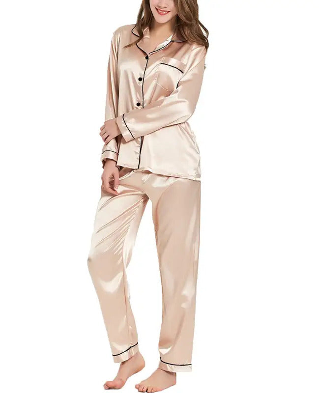 Womens Silk Satin Pajamas Loungewear Two-piece Sleepwear Button-Down Full Sleeve Long Pj Set