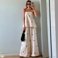 Casual Women Printing Dot Strapless Top Pants Suit Fashion Sleeveless Wide Legs Pant Slim Sets 2025 New Spring Outfit Streetwear