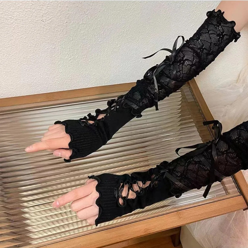 Lace Ruffle Lolita Lace Gloves Bowknot Strapping Black White Y2k Fingerless Mittens Mesh Japanese Mittens Cosplay Accessories