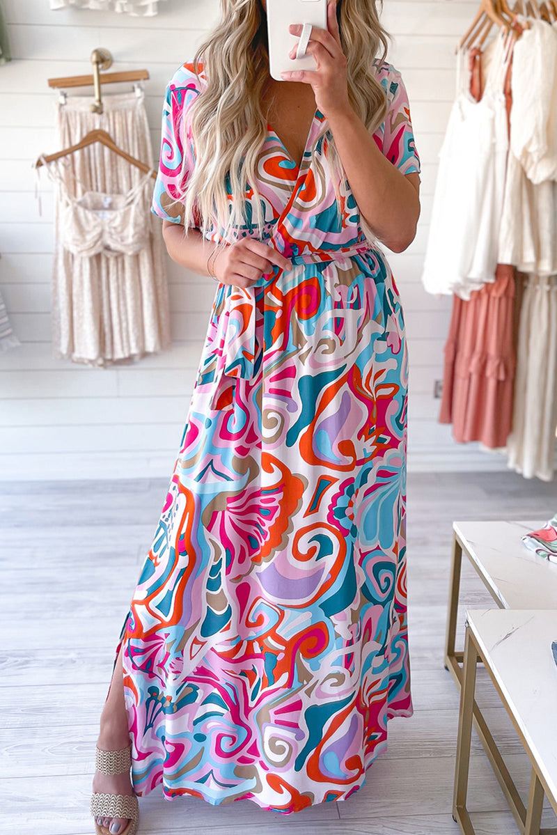 Women's Abstract Printed Wrap V Neck Belted Maxi Dress