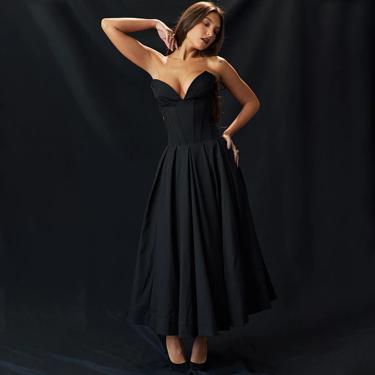 Suninheart Black Elegant Wedding Events Dress Sexy Strapless Corset Dress Midi Christmas Party Dresses for Women Clothing 2023