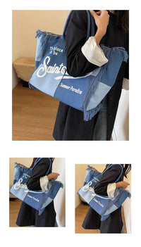 Korean Letters Tassel Canvas Bag Large Capacity Bag  Simple Commuter Student To Single Shoulder Tote Bag Handbags for Women 2024