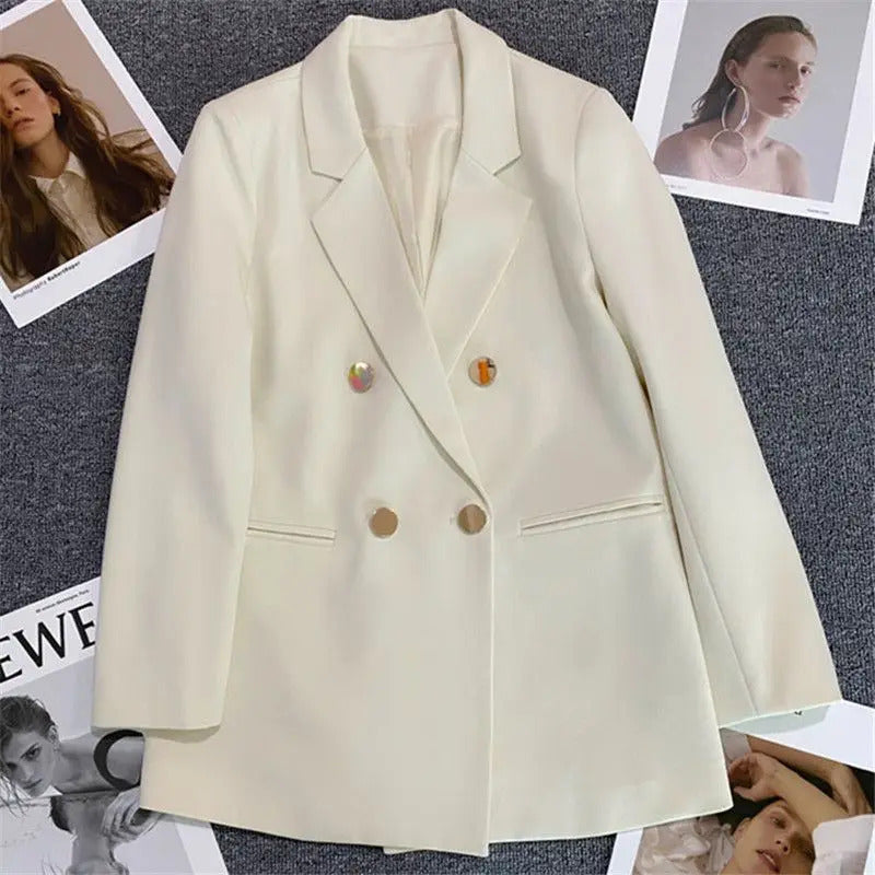 Solid Casual Coat Metal Buckle Small Suit Jacket Women Clothing Summer Double Breasted Office Lady Elegant Blazers Thin Autumn