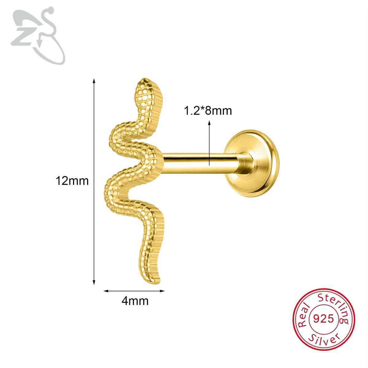 ZS 1PC 925 Sterling Silver Lip Ring Gold Color Labret Lip Stud Snake Cross Star Lip Piercing for Women Men 16G Cartilage Earring