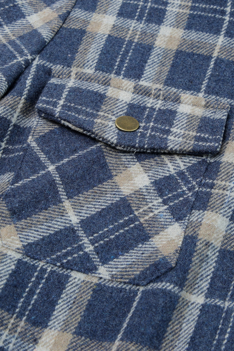 Blue Plaid Pattern Sherpa Lined Hooded Shacket