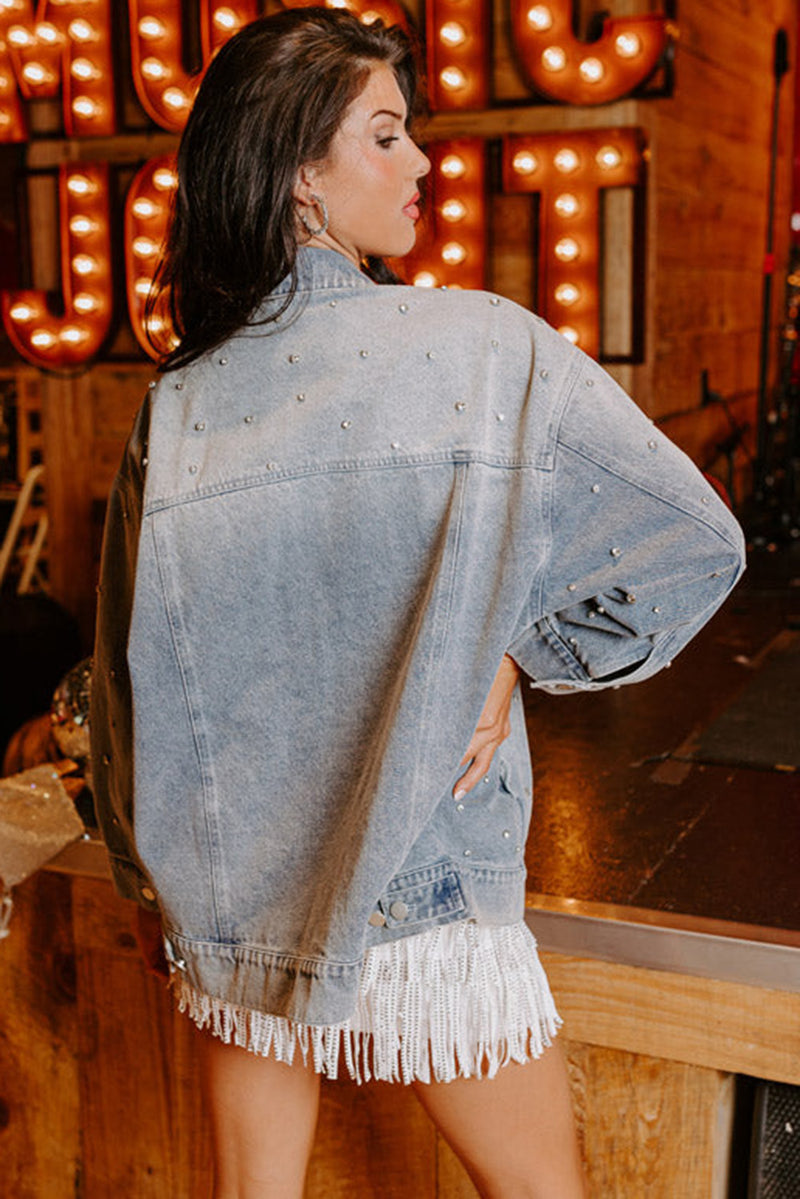 Dusk Blue Rhinestone Embellished Flap Pocket Denim Jacket