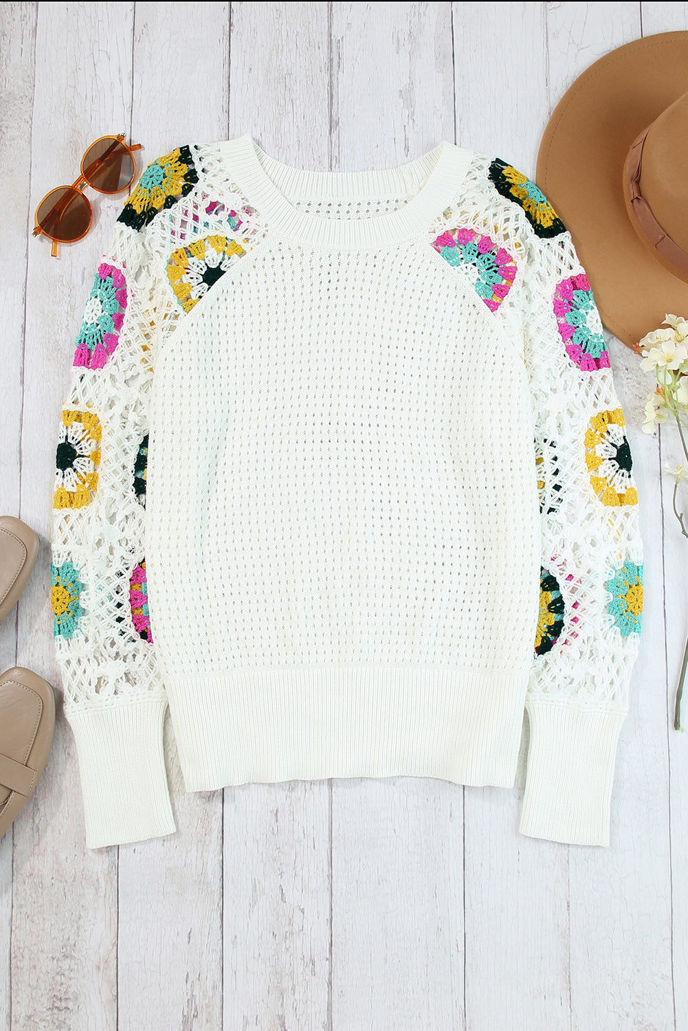 White Pointelle Floral Crochet Sleeve Sweater