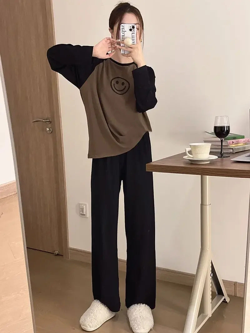 Women's Loose Round Neck Cute Kitty Homewear Pajamas Women's Simple Leisure Long Sleeve Long Pants Two-piece Suit Pajamas  Women