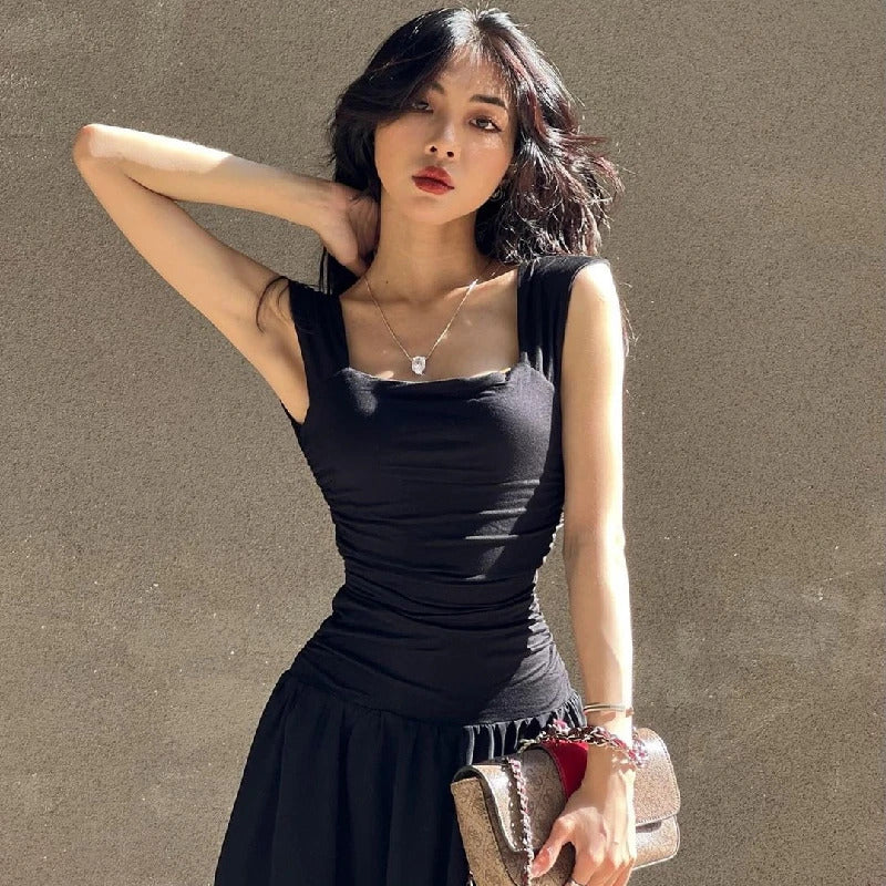 WhereMery Women Summer Party Long Dress Sexy Ruched Bodycon Black Maxi Dresses 2024 Elegant Temperament High-waist Vestidos New