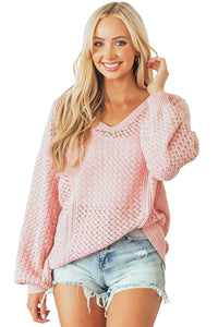 Pink Loose Pointelle Knit Ribbed V Neck Sweater