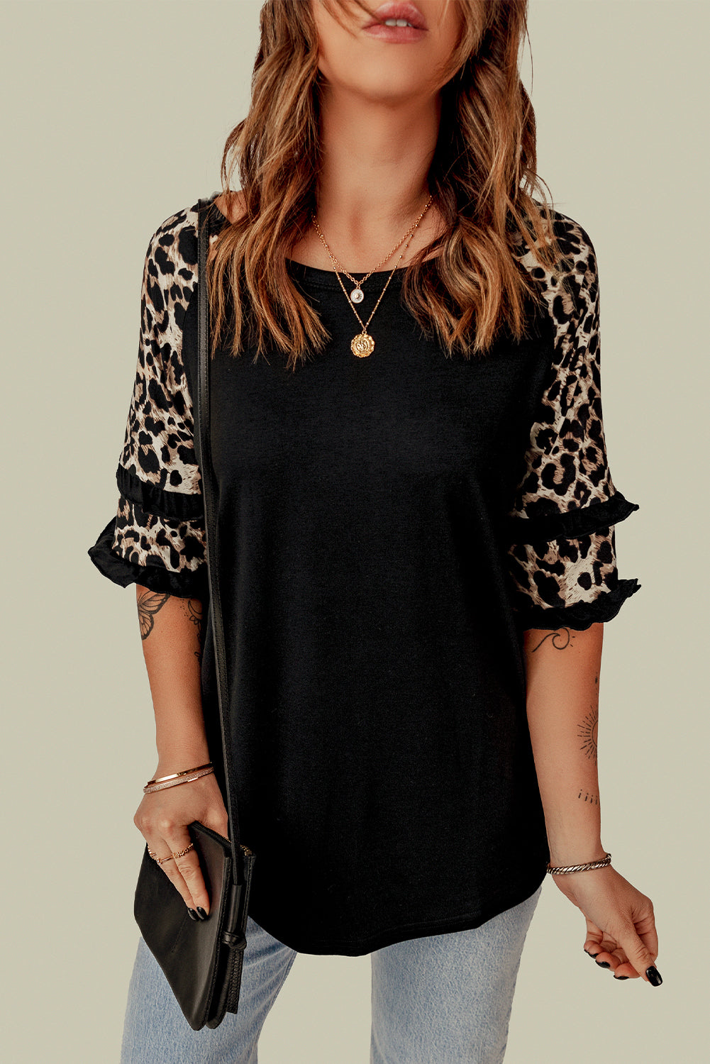 Blank Apparel - Black Ruffled Leopard Sleeve Patchwork Top