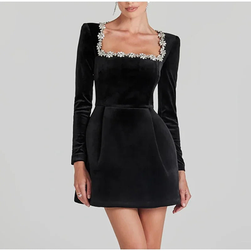 Slim Rhinestone Square Collar Dress Women Elegant Velvet Long Sleeve High Waist A-line Mini Dresses 2025 New Lady Party Vestidos