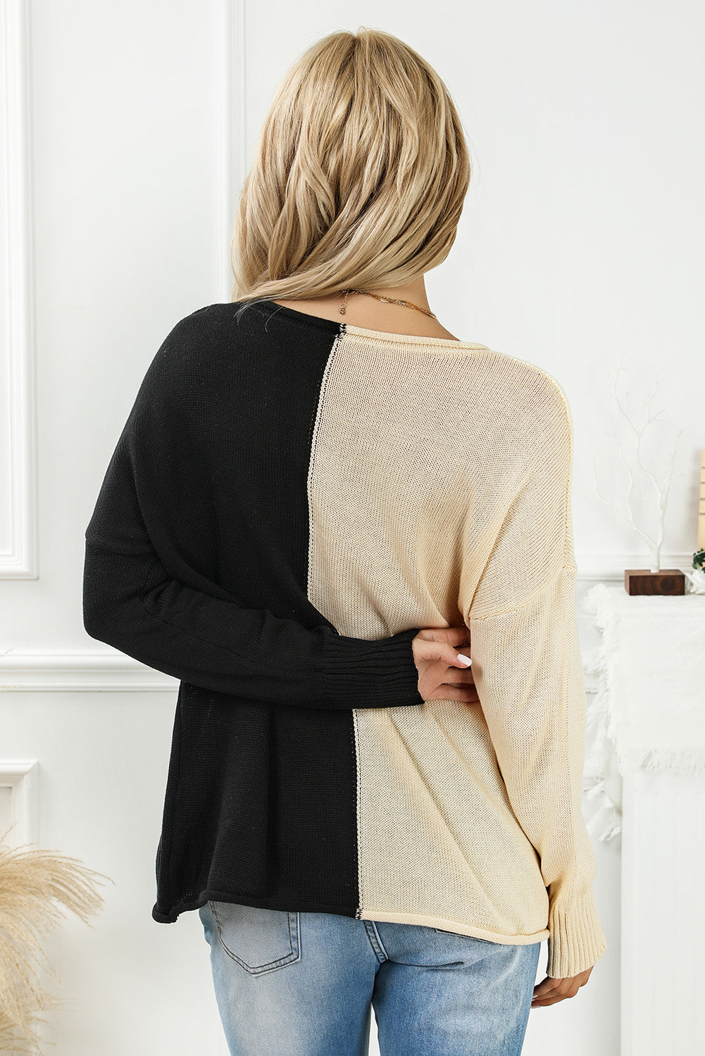 Khaki 2-tone Color Block Raw Edge V Neck Sweater