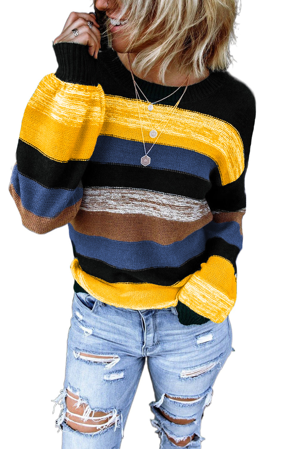 Multicolor Color Block Highlight Balloon Sleeve Sweater