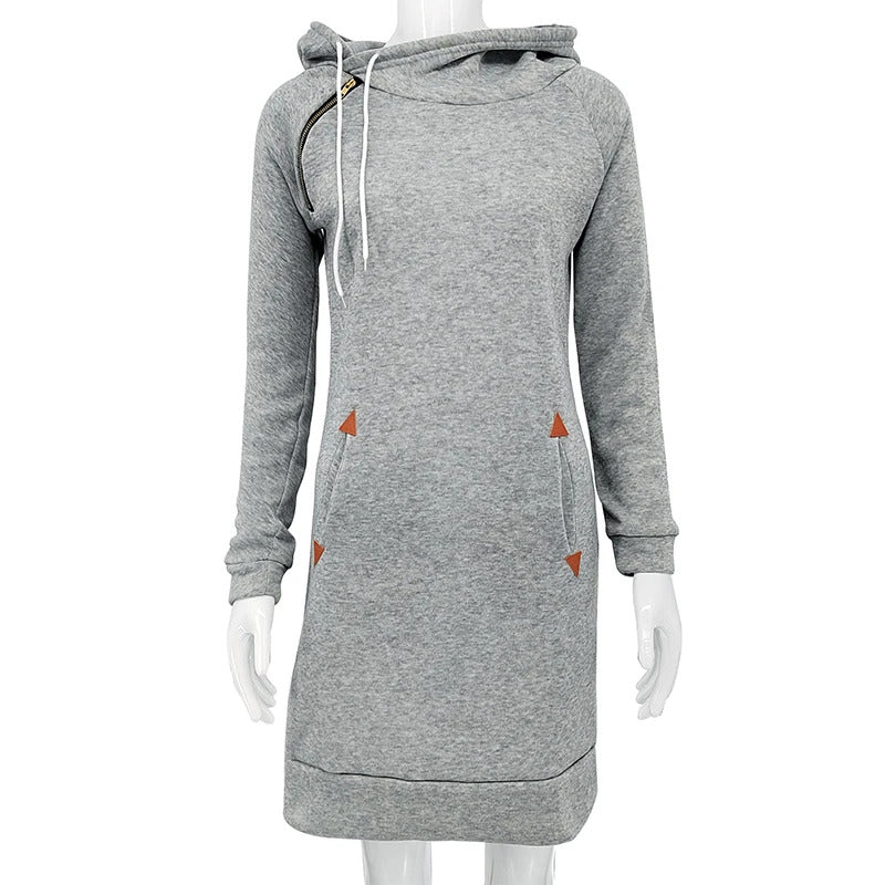 Women‘s Knee-Length Pockets Dress Hooded Warm Sweat Shirt Long Sleeve Side Zip Neckline Simple Casual Sports Skirt